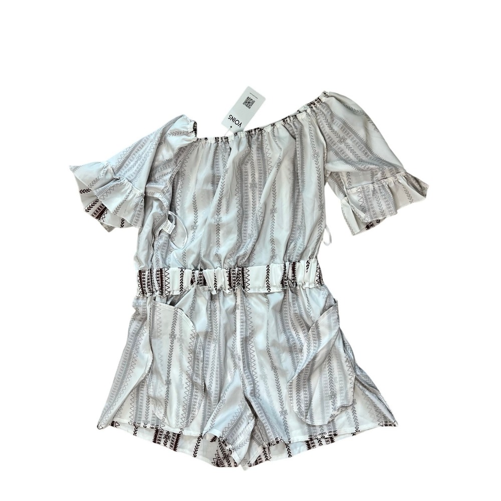 Yoins White Bohemian Off-the-Shoulder Pockets Romper XL Cottage Embroidered NWT - Picture 4 of 10